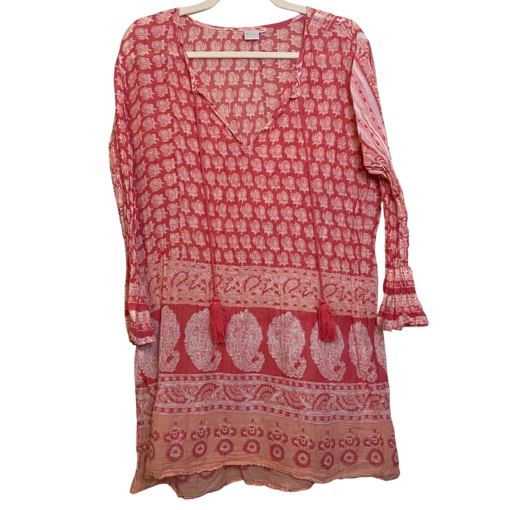 2CHIC Womens Pink Orange Paisley Elephant Cotton Tunic Bell Sleeve Boho Top M/L